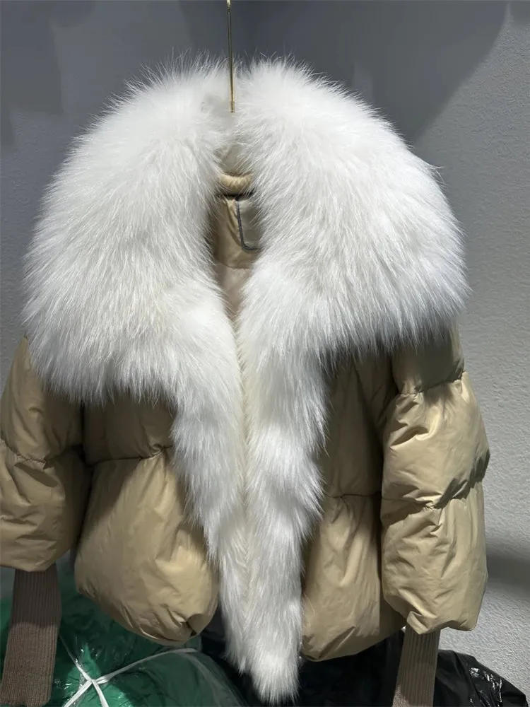 Fur Collar Knit Sleeve Duck Down Jacket
