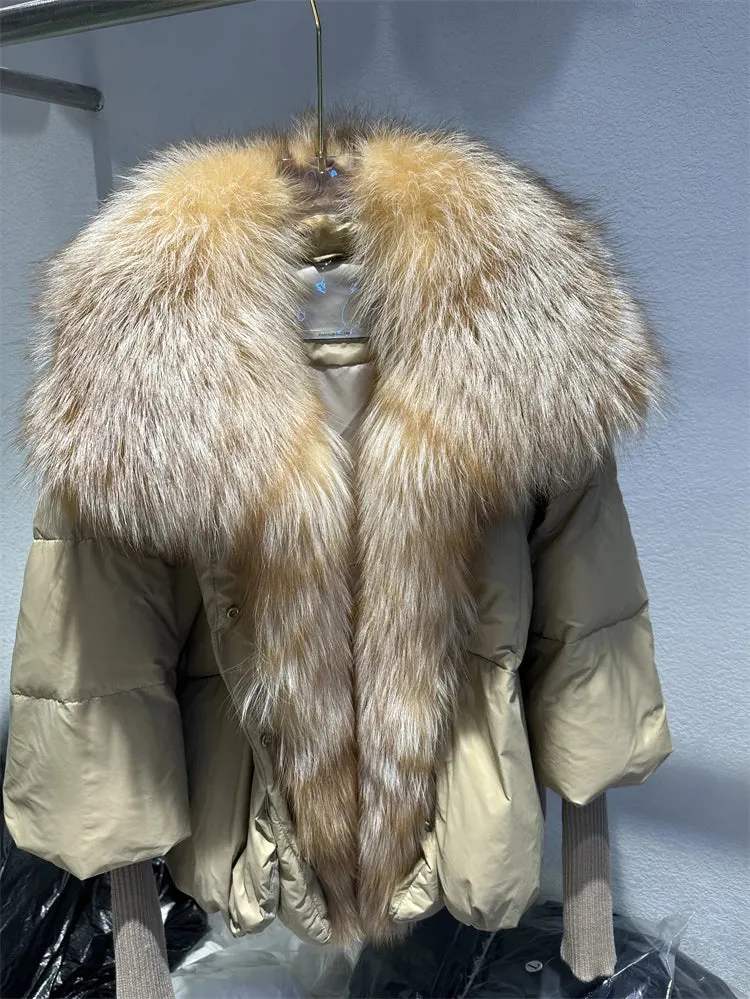 Fur Collar Knit Sleeve Duck Down Jacket