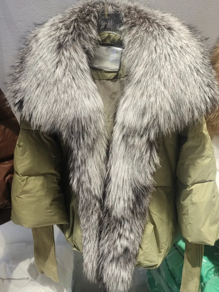 Fur Collar Knit Sleeve Duck Down Jacket
