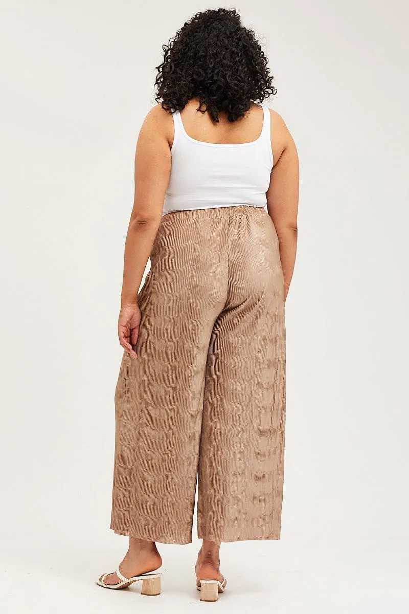 Gold Pants High Rise Plisse Elastic Waist