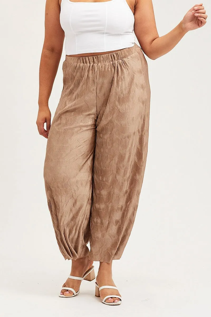 Gold Pants High Rise Plisse Elastic Waist