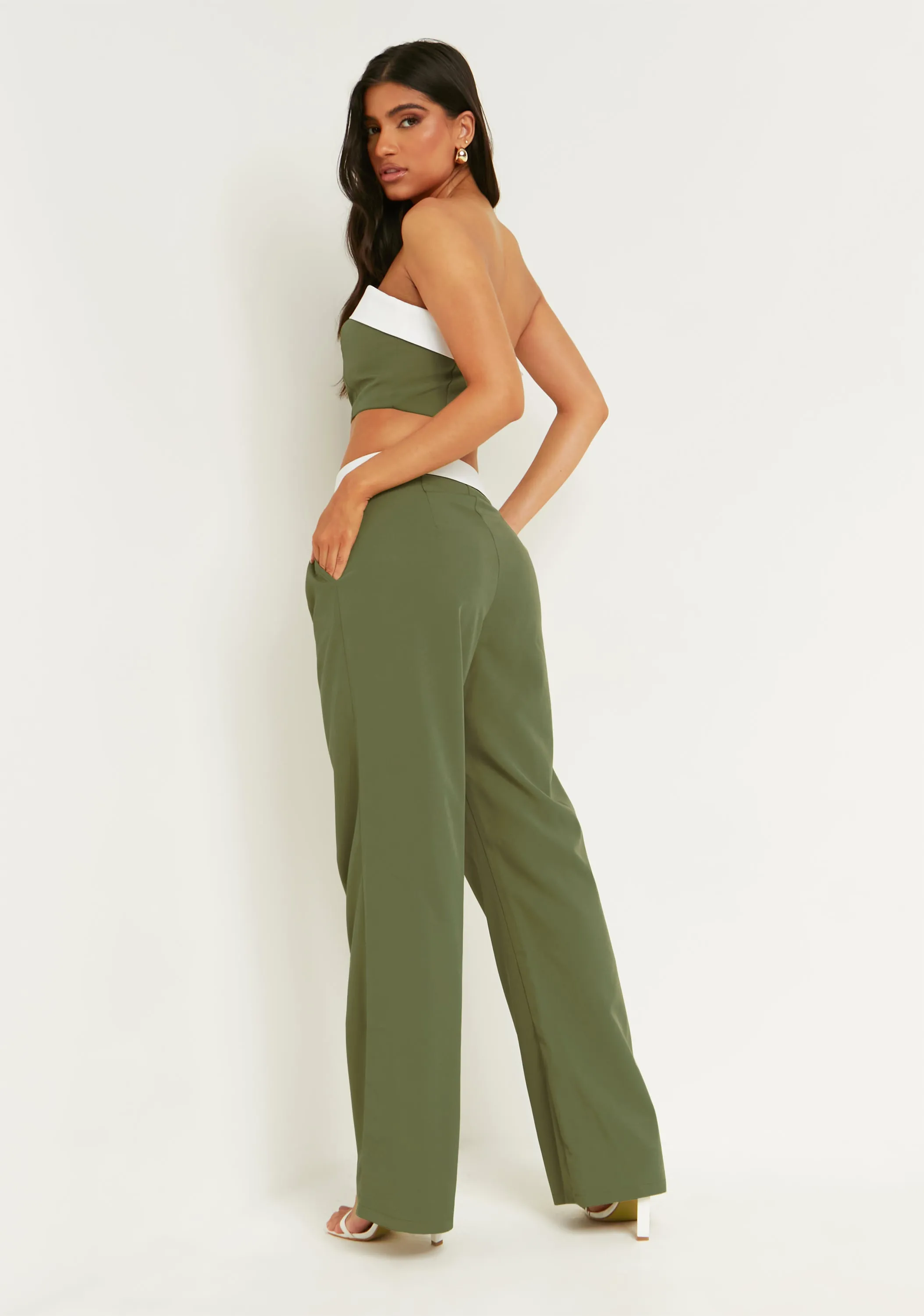 Gracie Khaki Fold Over Waist Wide Leg Trousers
