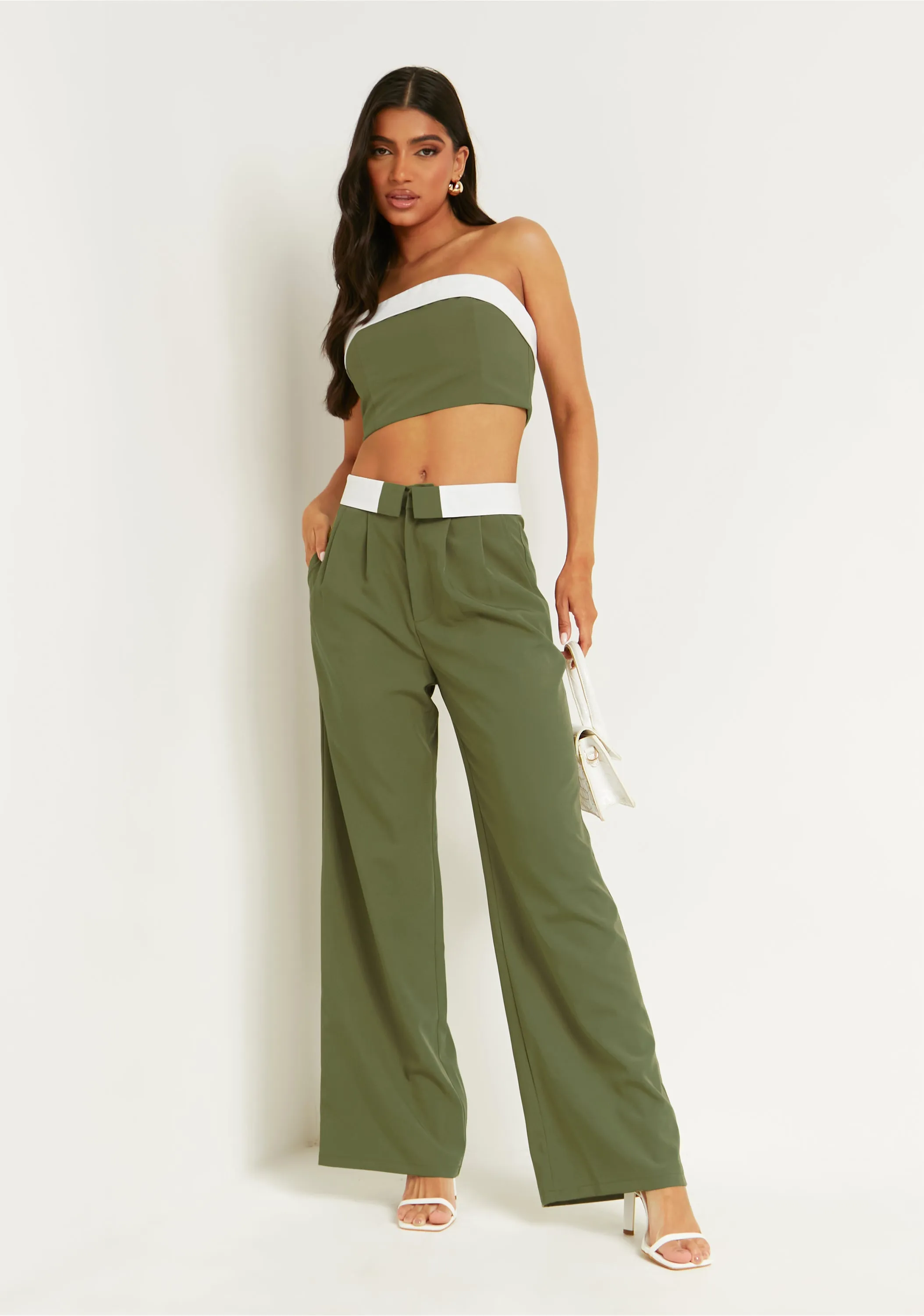 Gracie Khaki Fold Over Waist Wide Leg Trousers