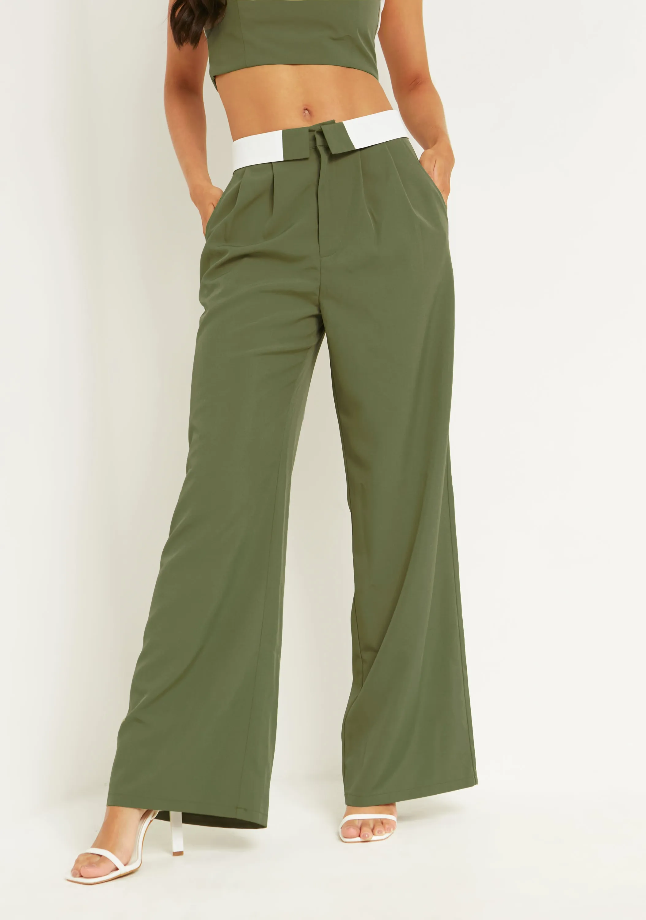 Gracie Khaki Fold Over Waist Wide Leg Trousers