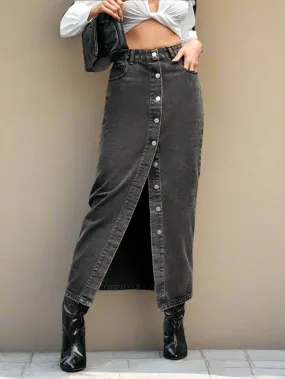 Gray Denim Button-Up Straight Full-Length Long Pencil Jean Maxi Skirt Pockets
