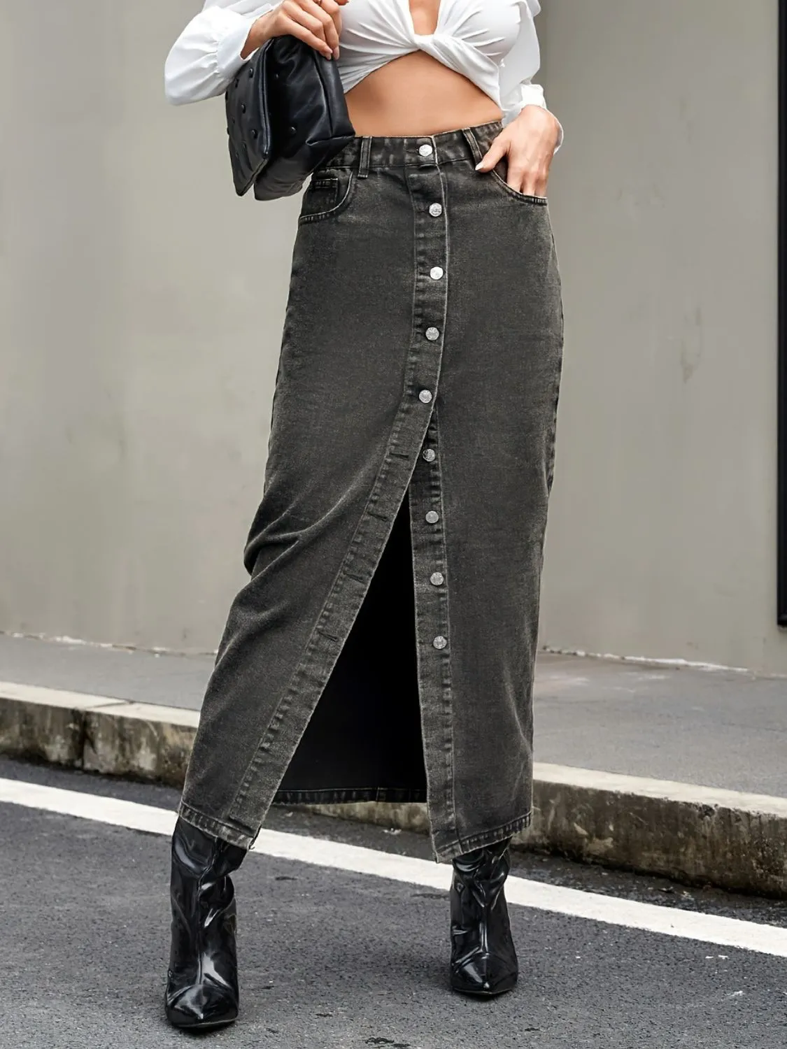 Gray Denim Button-Up Straight Full-Length Long Pencil Jean Maxi Skirt Pockets