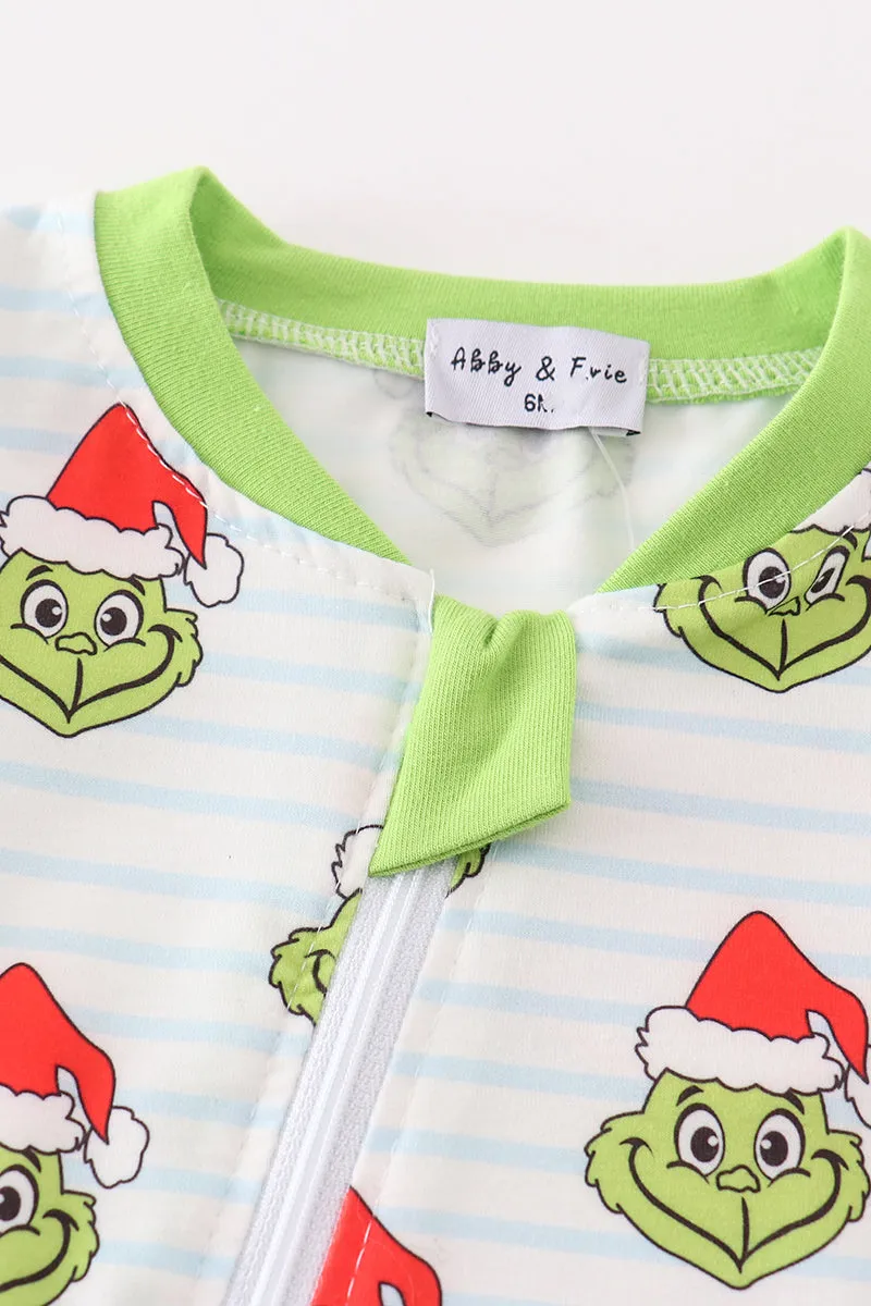 Green Stripe Christmas Grinch Zipper Boy Romper