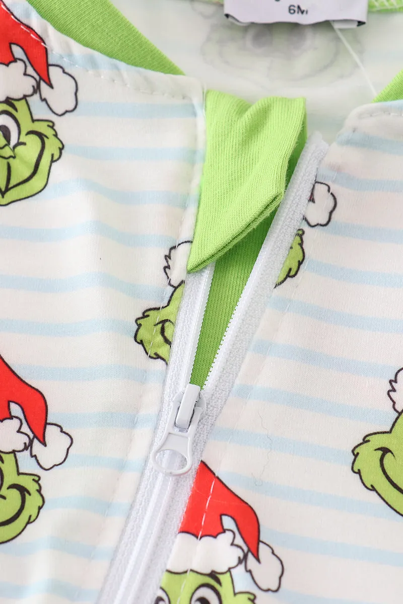 Green Stripe Christmas Grinch Zipper Boy Romper
