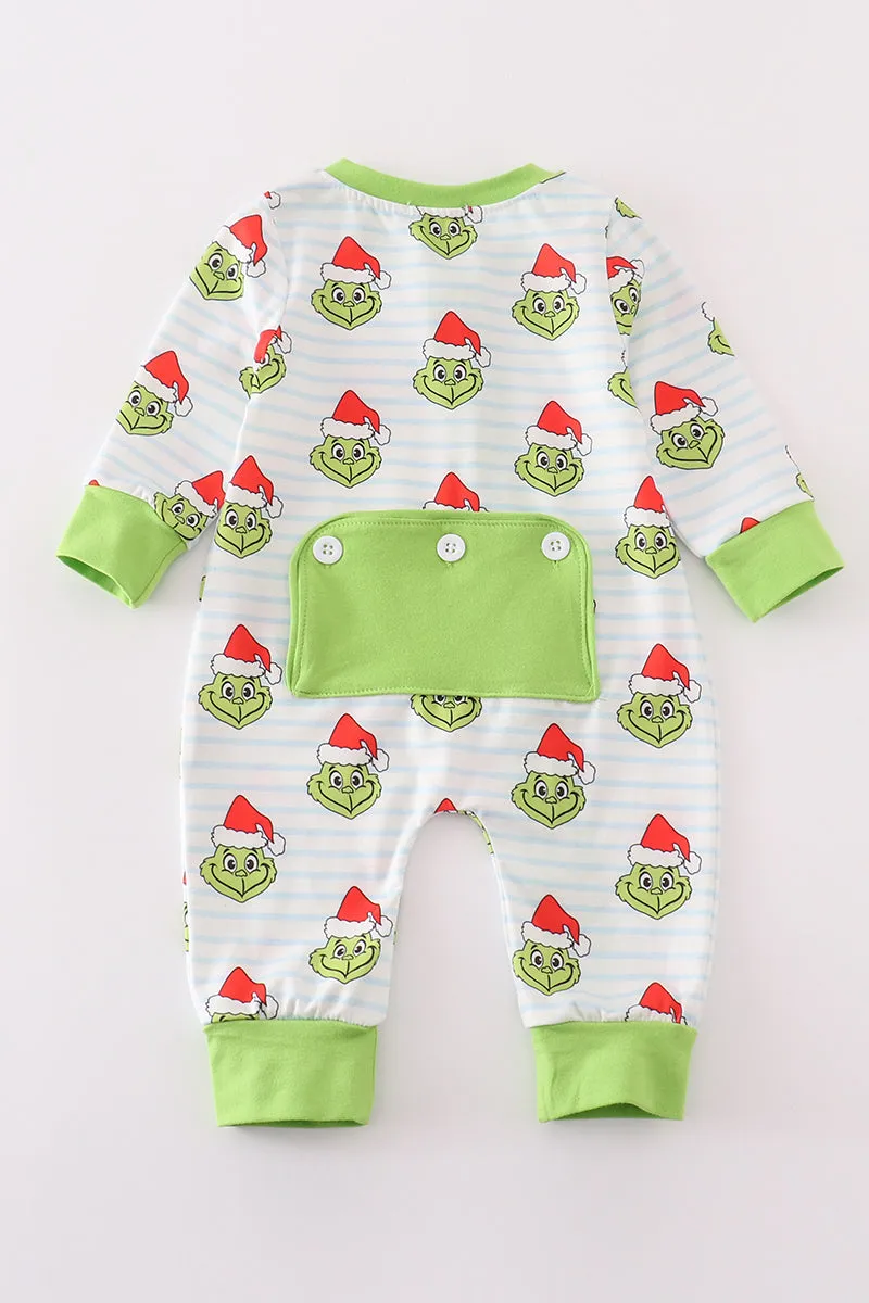 Green Stripe Christmas Grinch Zipper Boy Romper