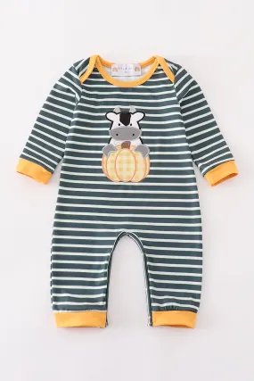 Green Stripe Cow Pumpkin Applique Boy Romper