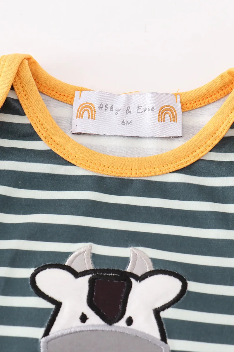 Green Stripe Cow Pumpkin Applique Boy Romper
