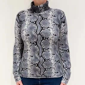 Grey Snake Print Cashmere Polo Neck Jumper Large