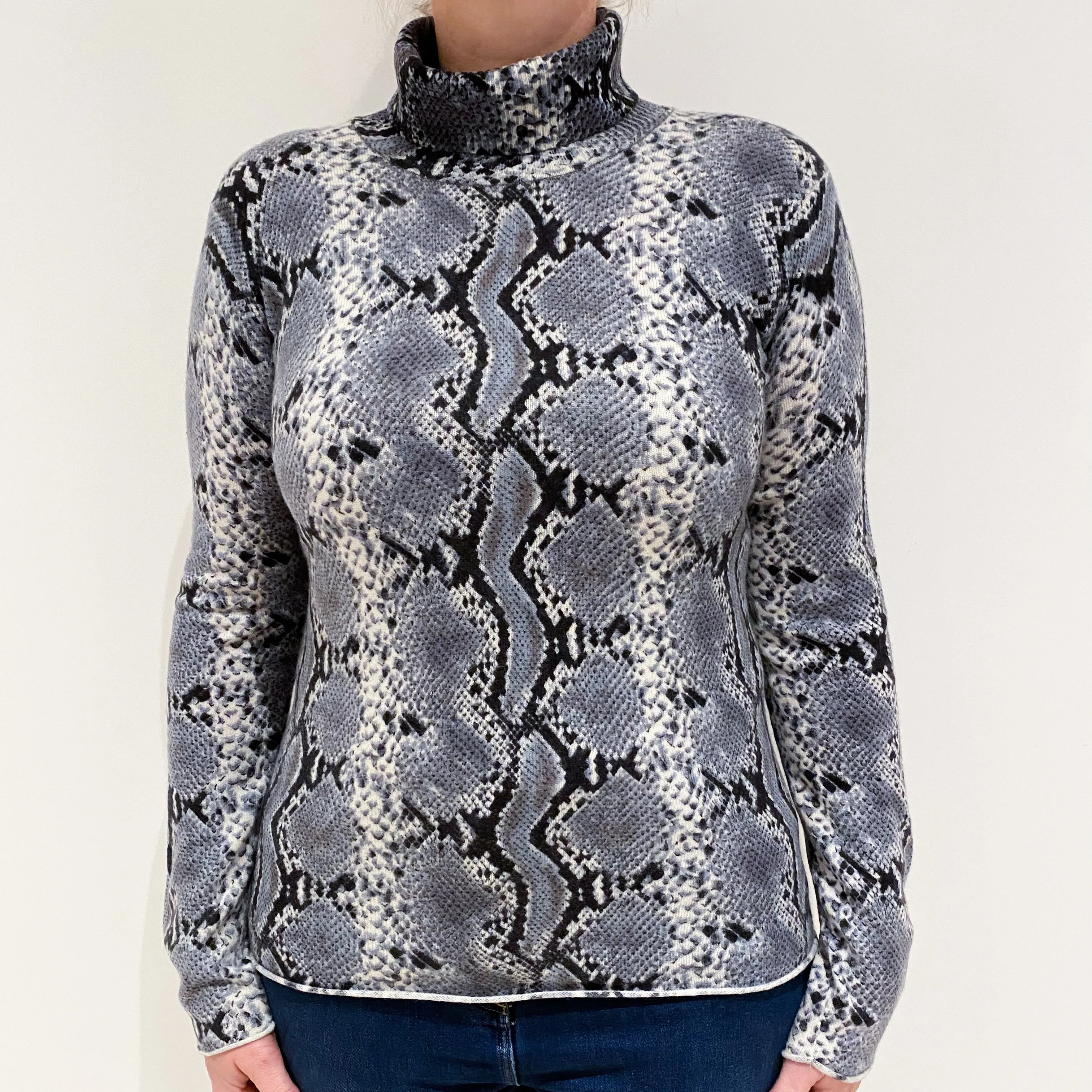 Grey Snake Print Cashmere Polo Neck Jumper Large