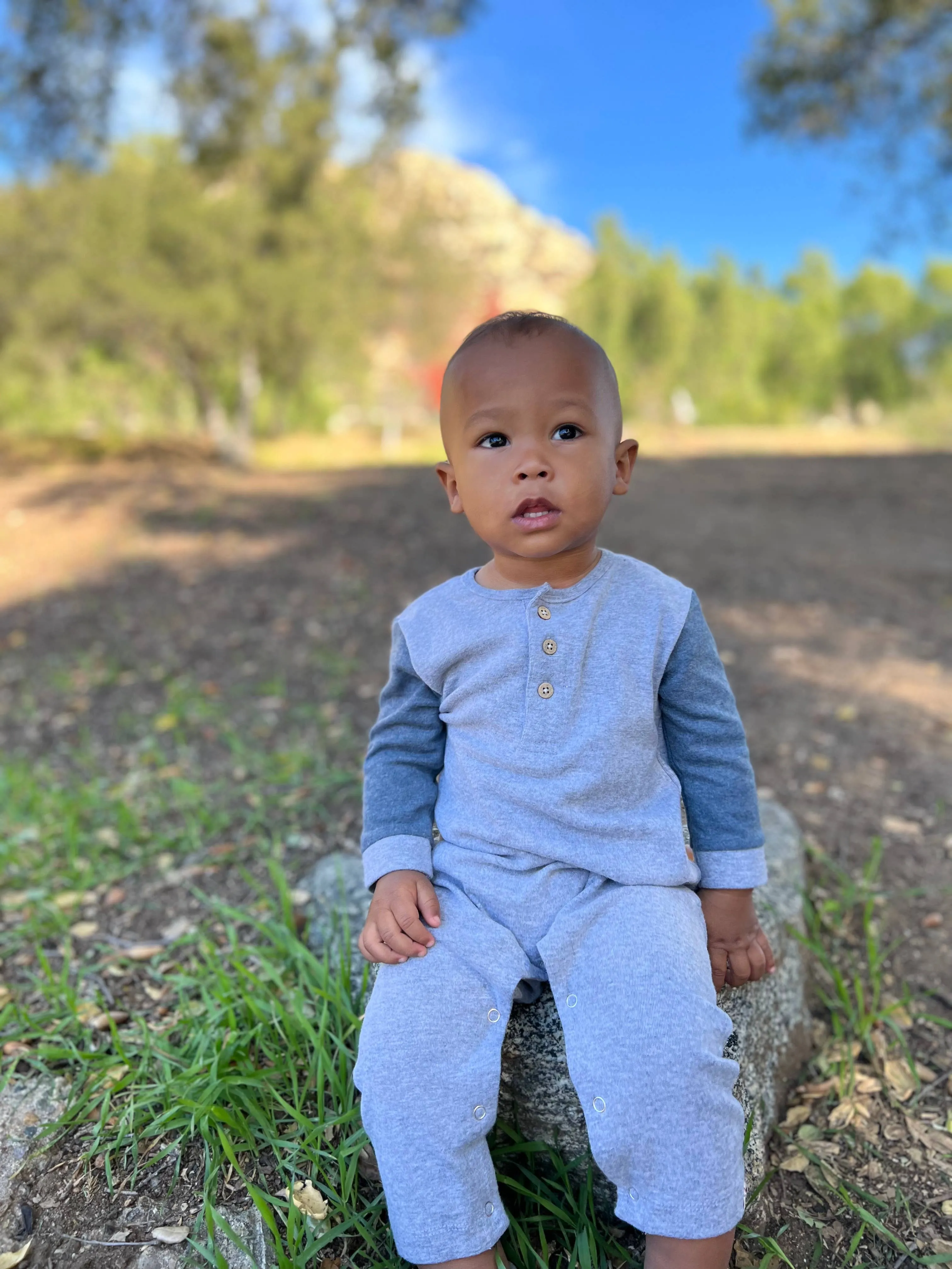 Grey w/ Blue Arms Estill Raglan Romper