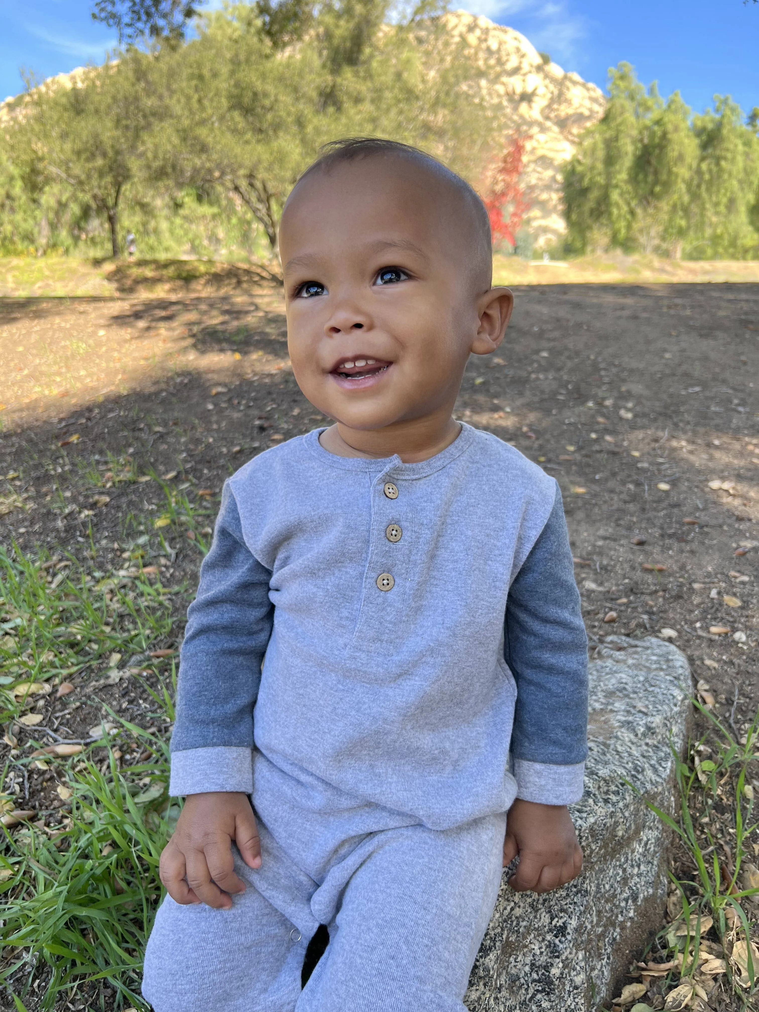 Grey w/ Blue Arms Estill Raglan Romper