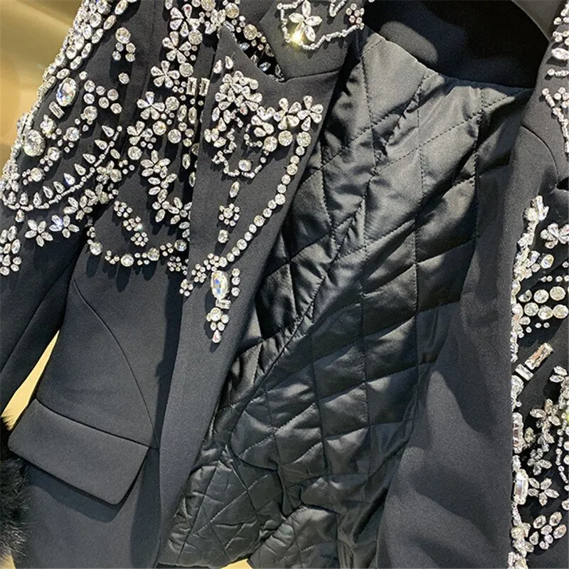 Handmade Beaded Big Fox Fur Sleeve Blazer  Coat