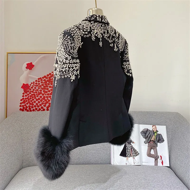 Handmade Beaded Big Fox Fur Sleeve Blazer  Coat