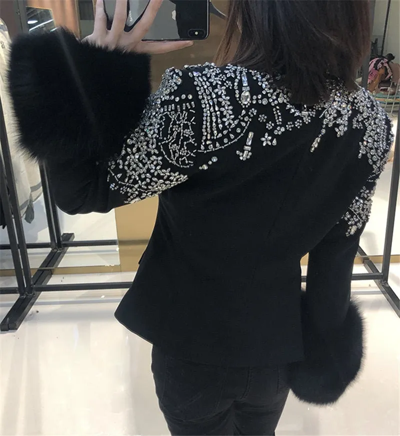 Handmade Beaded Big Fox Fur Sleeve Blazer  Coat