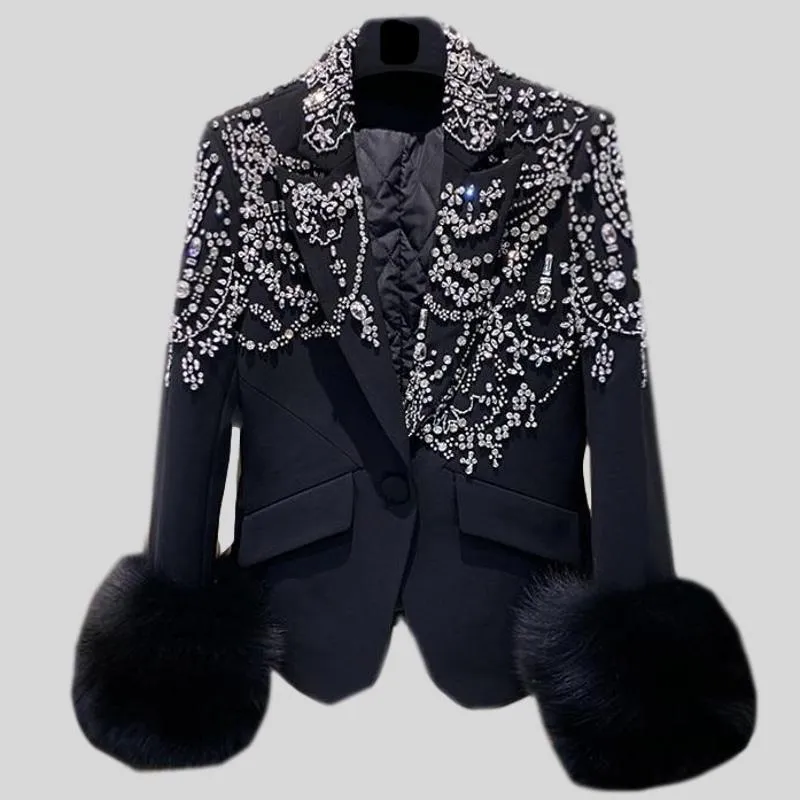 Handmade Beaded Big Fox Fur Sleeve Blazer  Coat