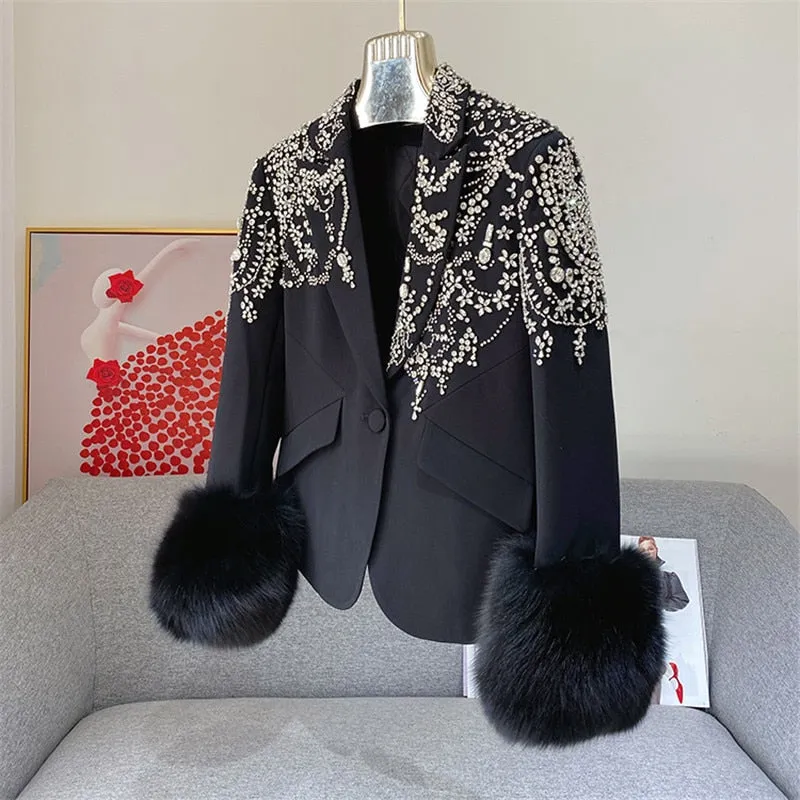 Handmade Beaded Big Fox Fur Sleeve Blazer  Coat