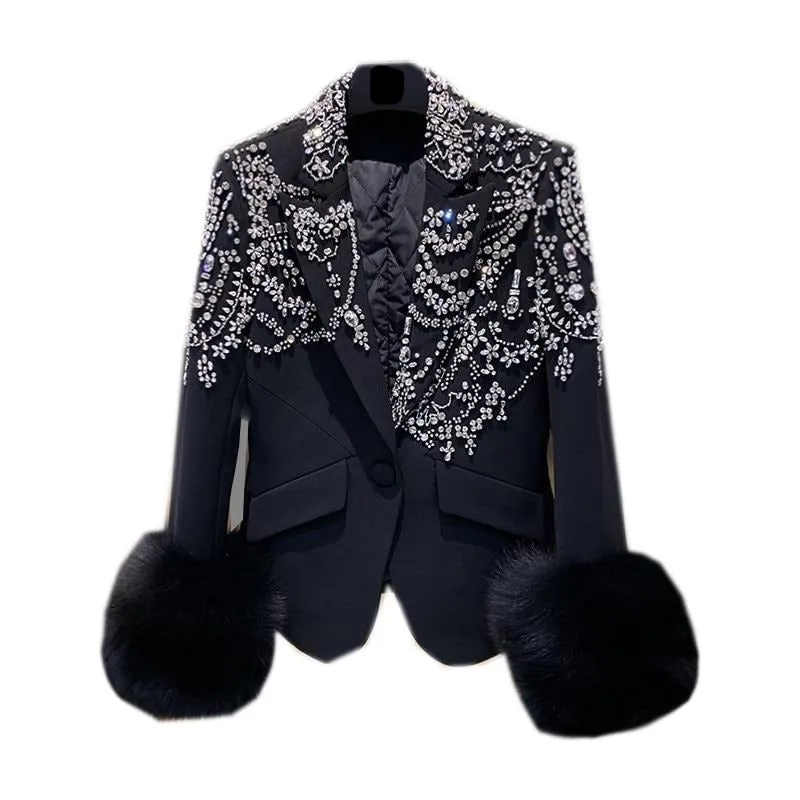 Handmade Beaded Big Fox Fur Sleeve Blazer  Coat