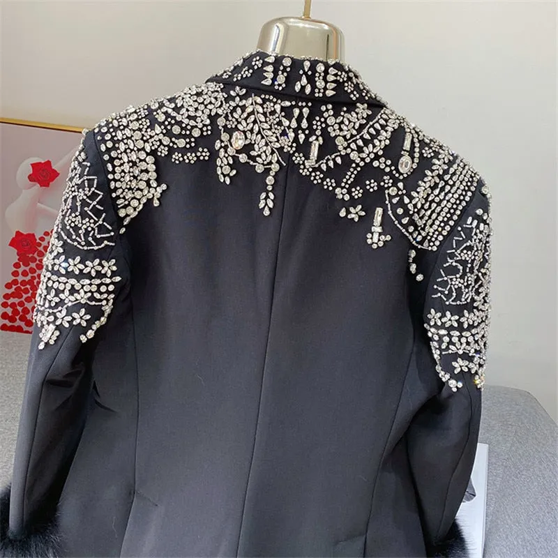 Handmade Beaded Big Fox Fur Sleeve Blazer  Coat