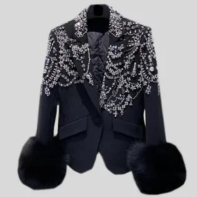 Handmade Beaded Big Fox Fur Sleeve Blazer  Coat