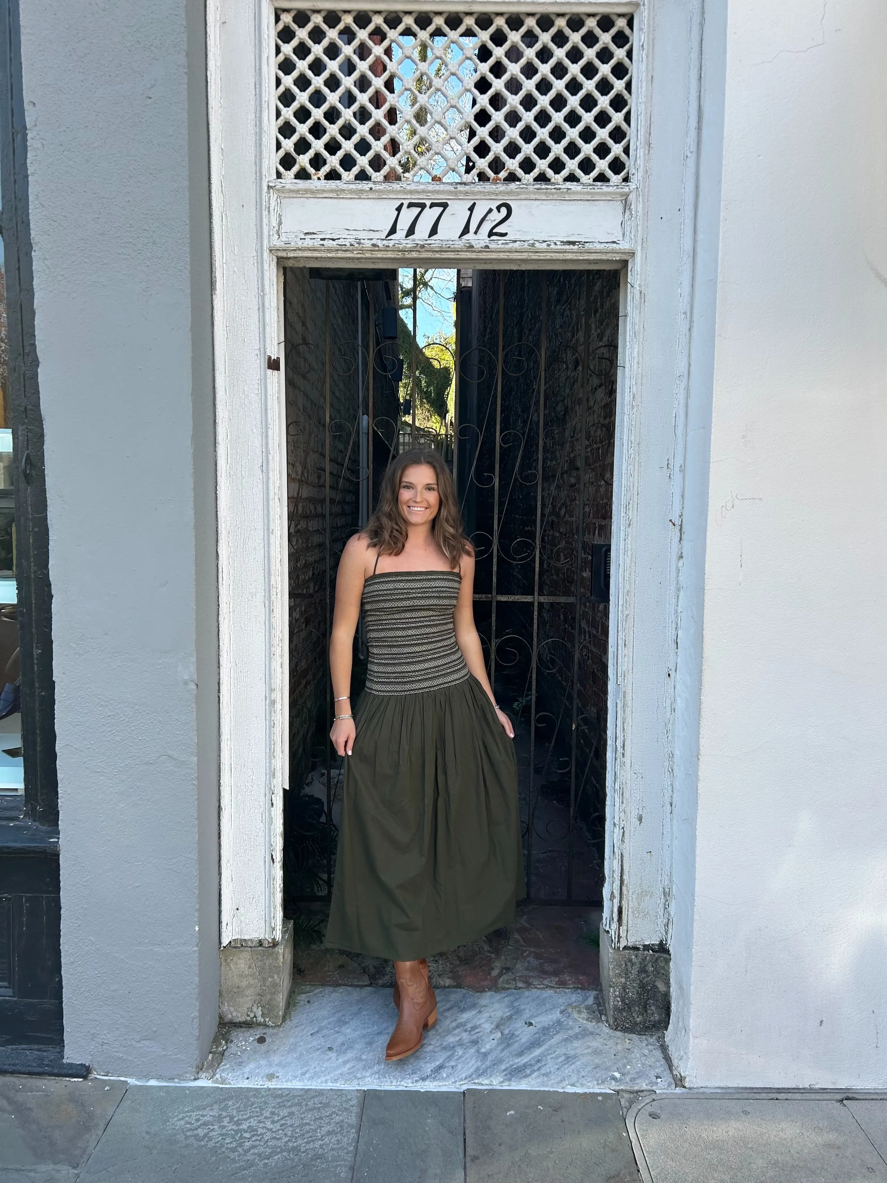 Hazel Midi Dress Olive Green with White