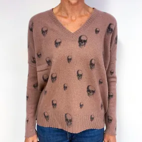 Heather Pink Skull Pattern Cashmere Batwing V-Neck Jumper Medium
