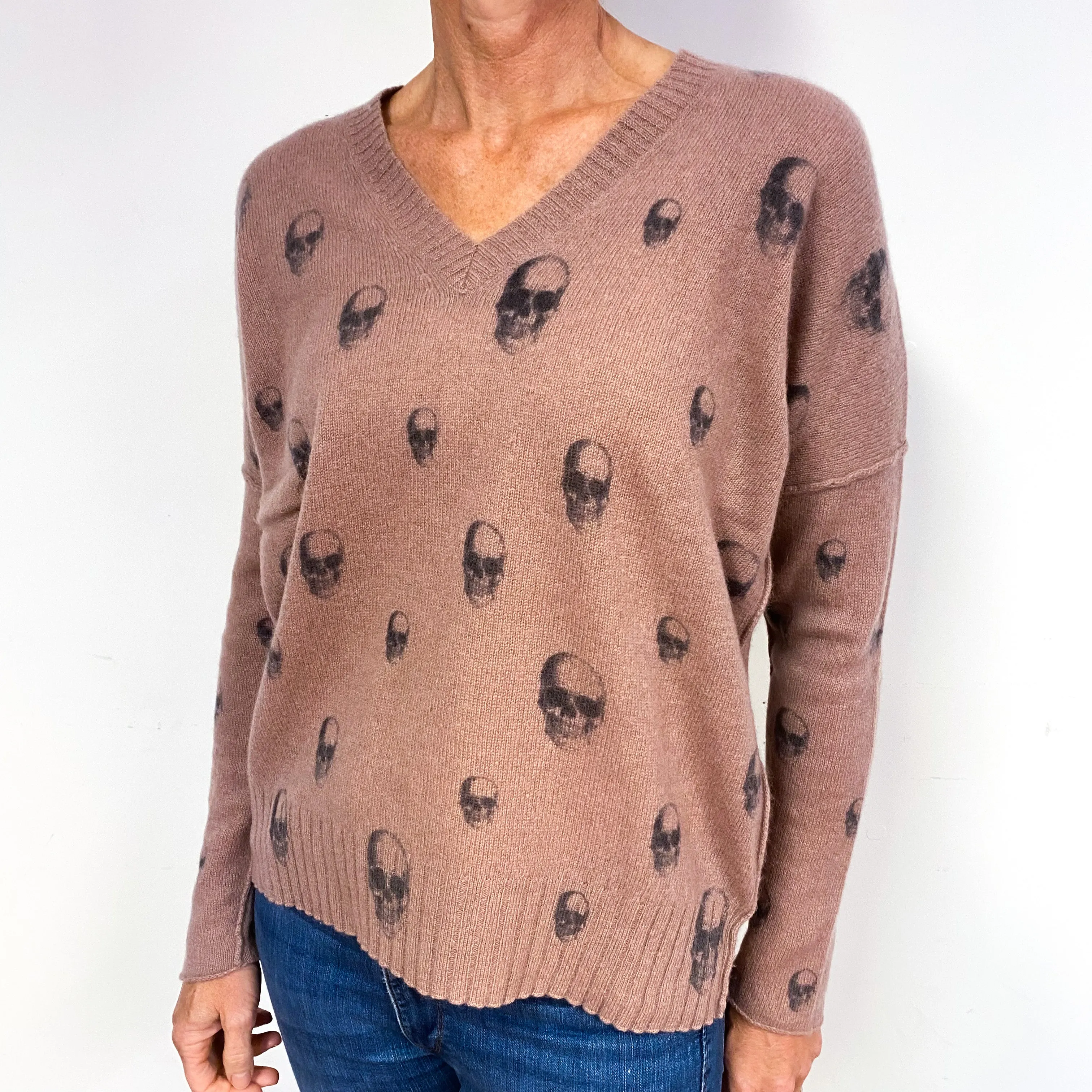 Heather Pink Skull Pattern Cashmere Batwing V-Neck Jumper Medium