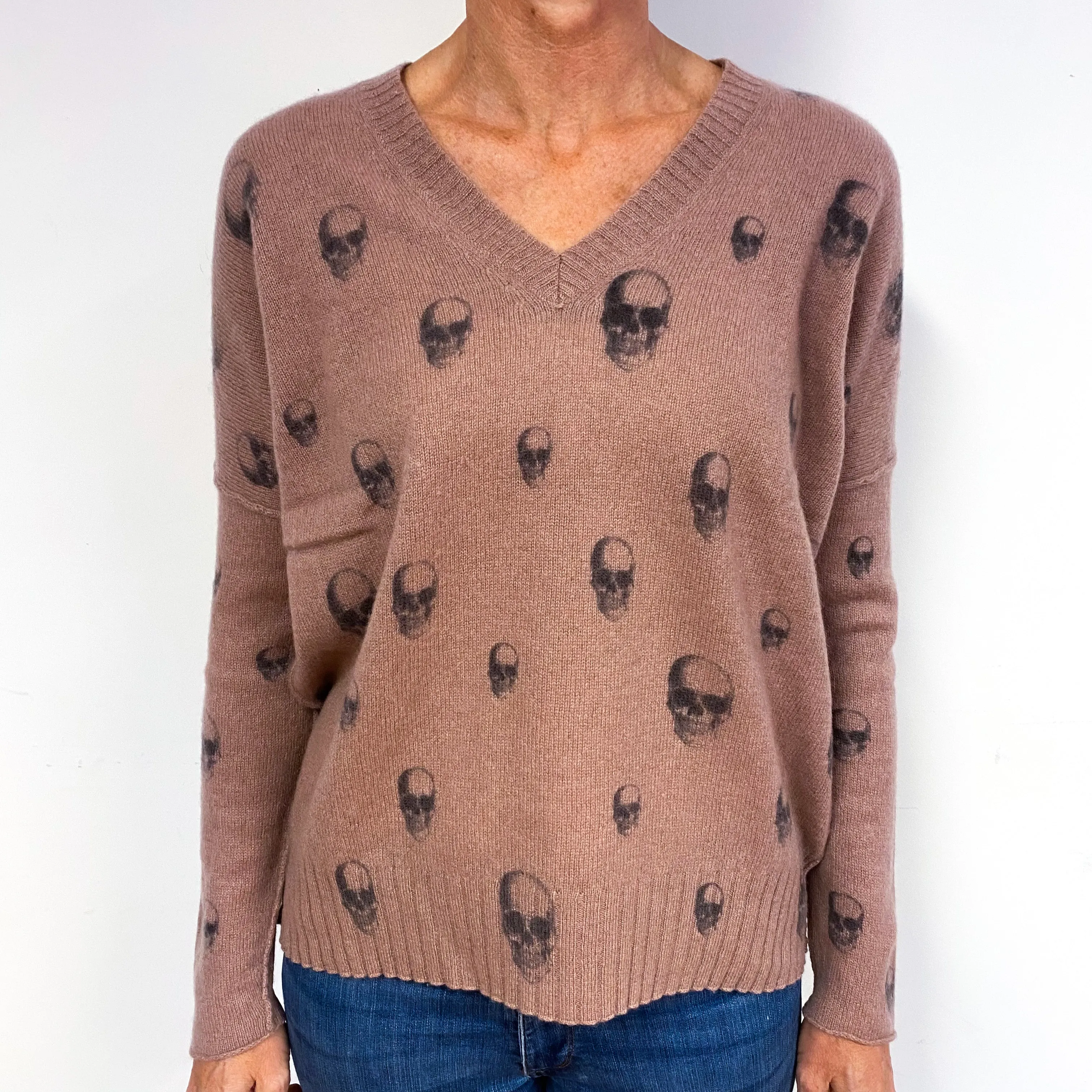 Heather Pink Skull Pattern Cashmere Batwing V-Neck Jumper Medium