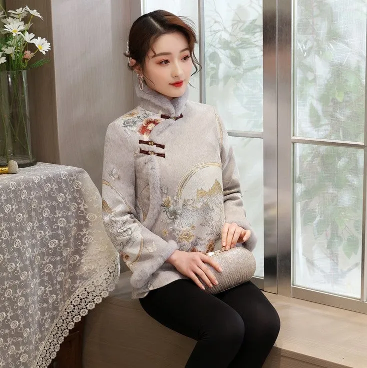 High Collar Fancy Cotton Fur Edge Women's Chinese Style Jacket Wadded Coat