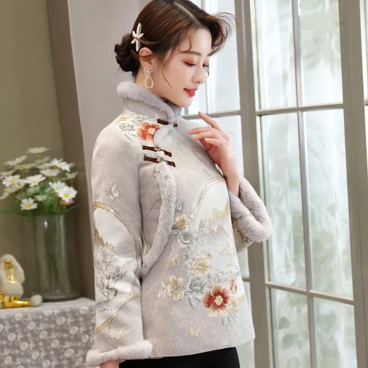 High Collar Fancy Cotton Fur Edge Women's Chinese Style Jacket Wadded Coat