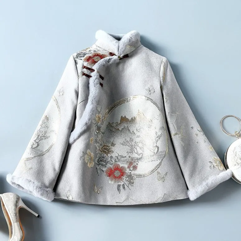 High Collar Fancy Cotton Fur Edge Women's Chinese Style Jacket Wadded Coat