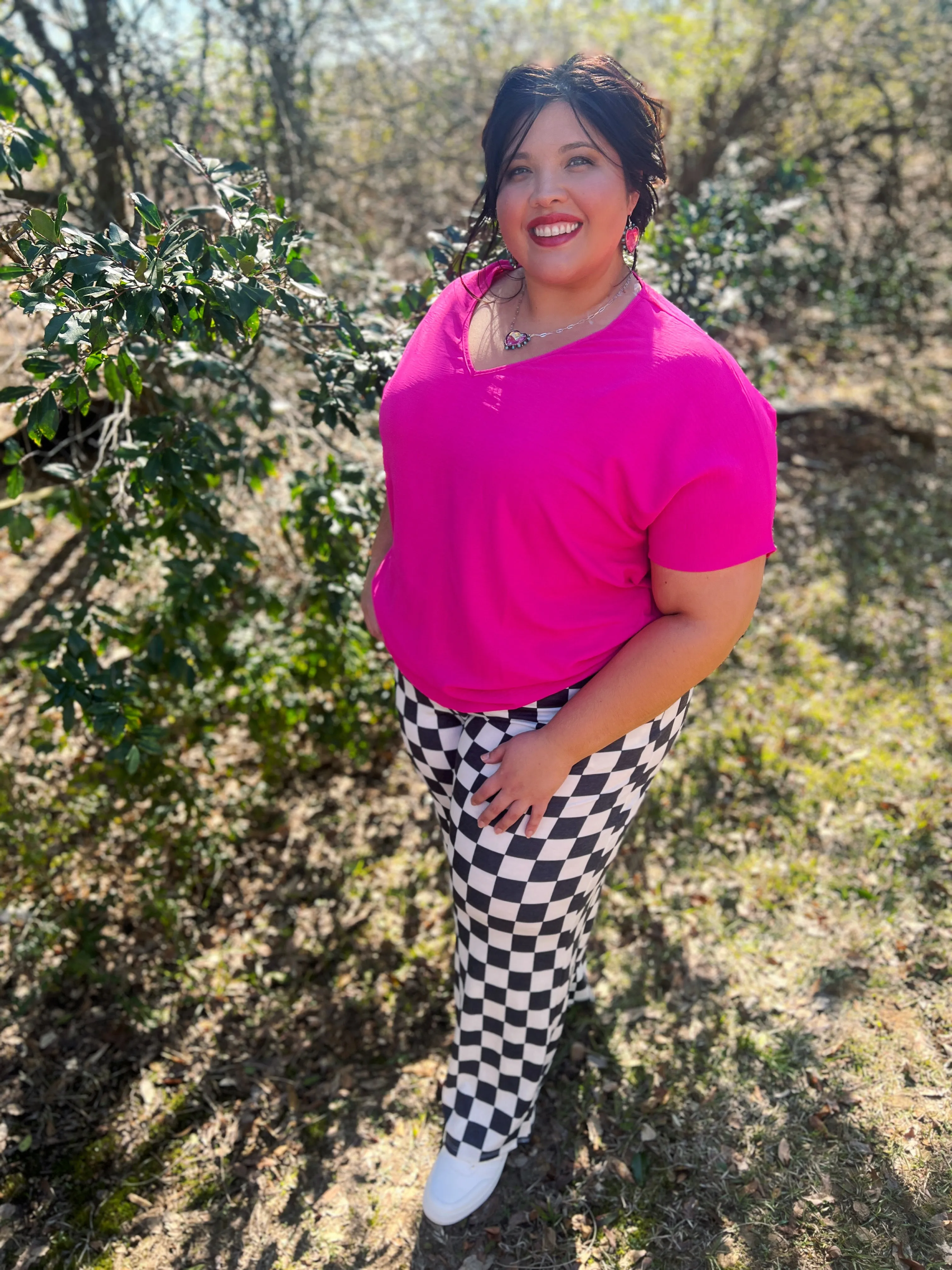 High Waist Checkered Straight Leg Knit Pants