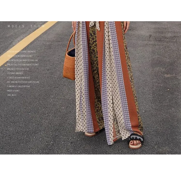 High Waist Patterned Print Slit Tie-Up Wide Leg Pants