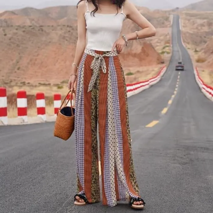 High Waist Patterned Print Slit Tie-Up Wide Leg Pants