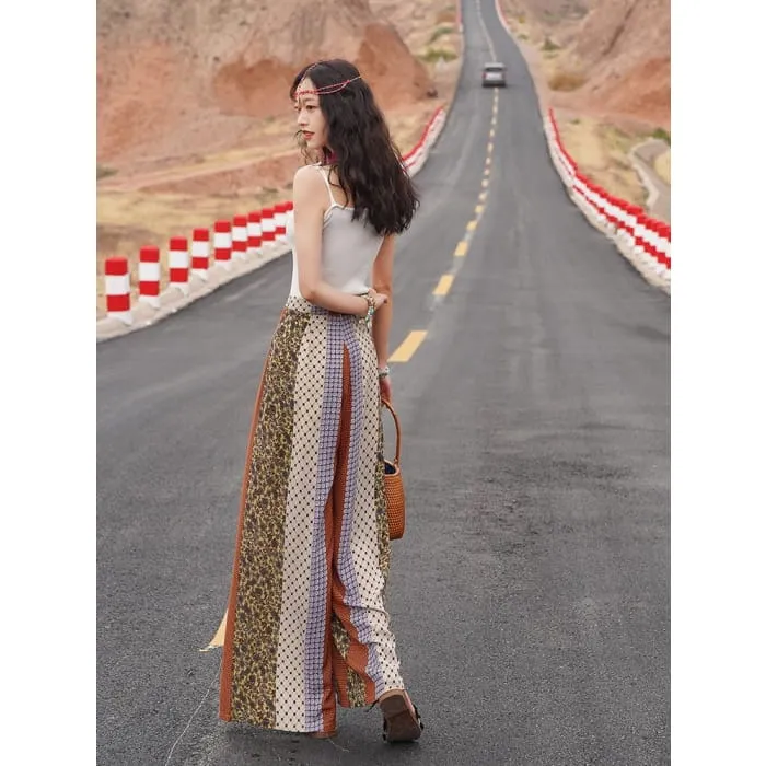 High Waist Patterned Print Slit Tie-Up Wide Leg Pants