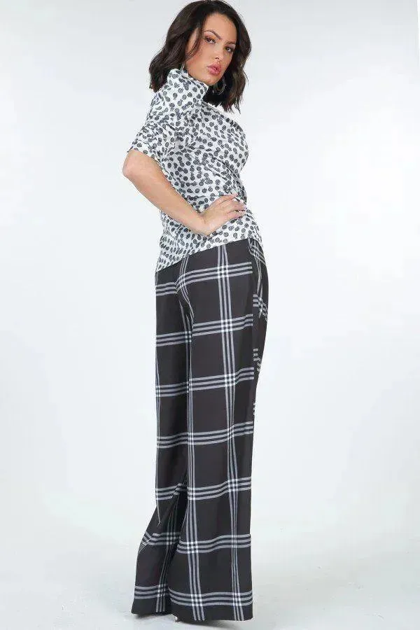 High Waist Plaid Print Wide Leg Pants