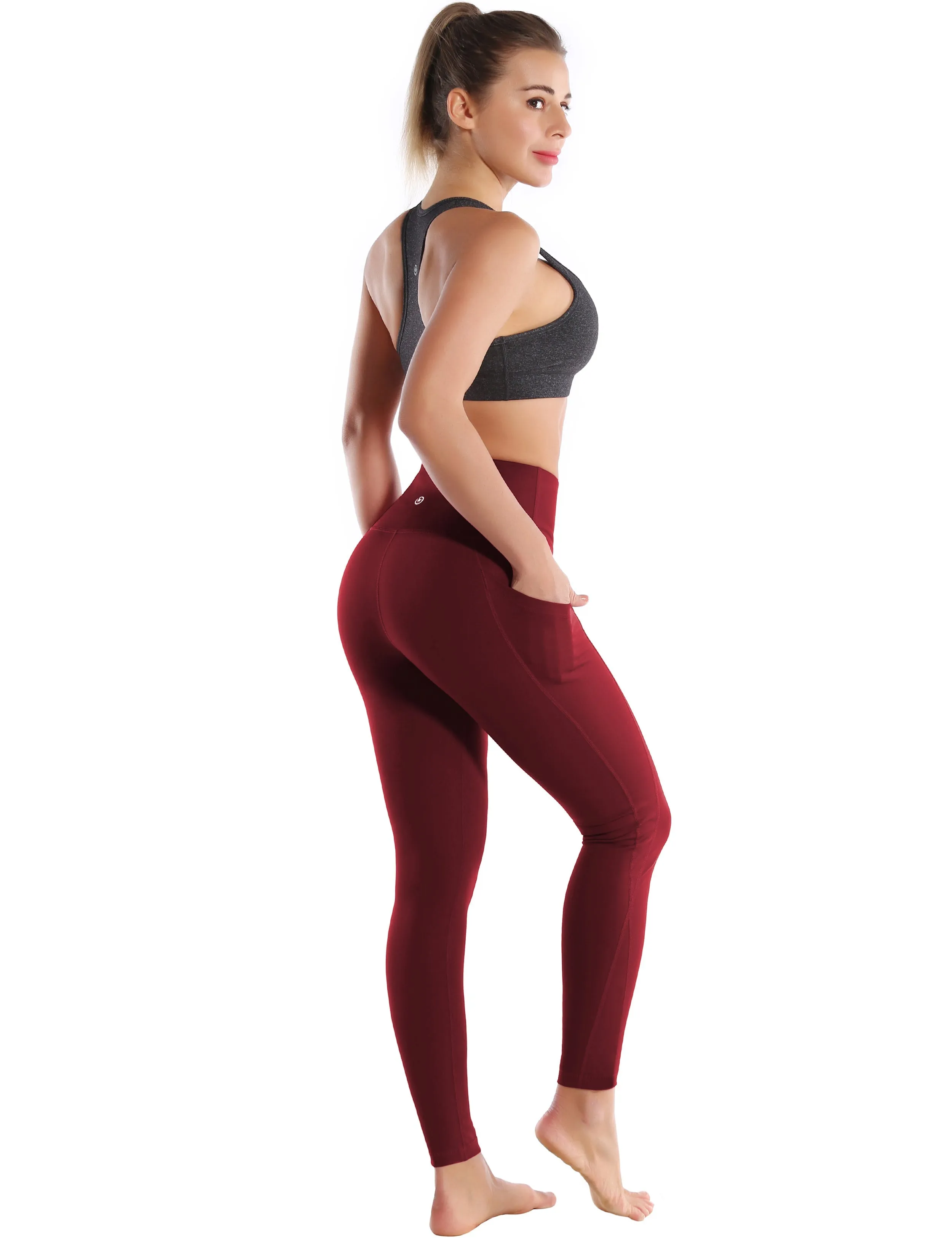High Waist Side Pockets Running Pants cherryred_Running