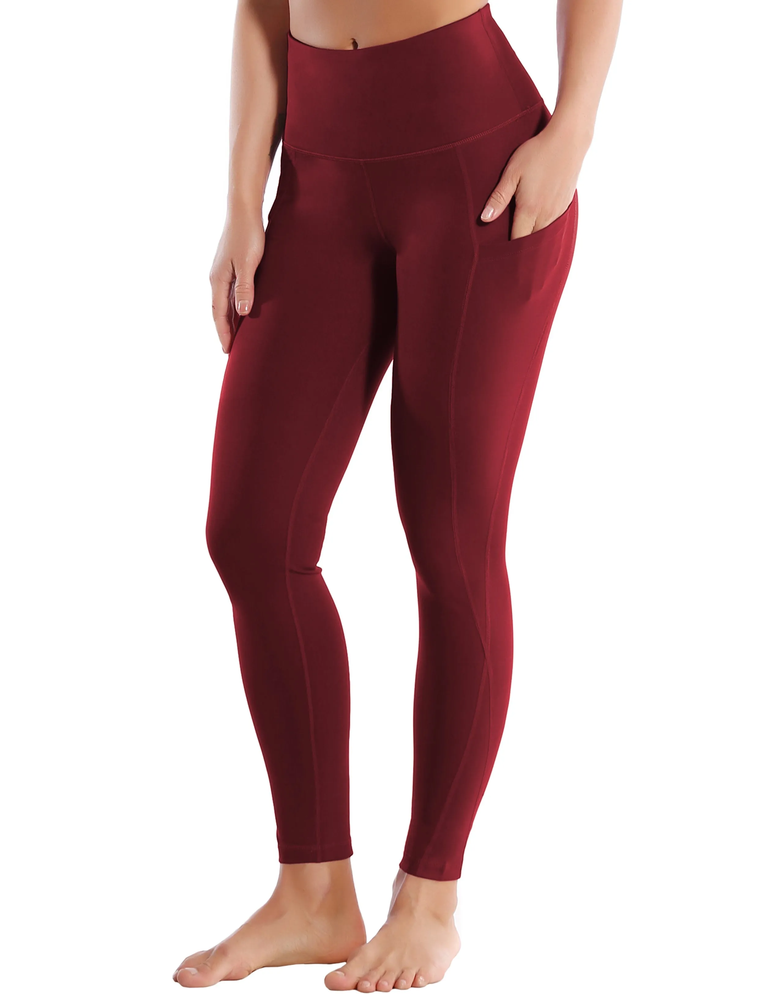 High Waist Side Pockets Running Pants cherryred_Running
