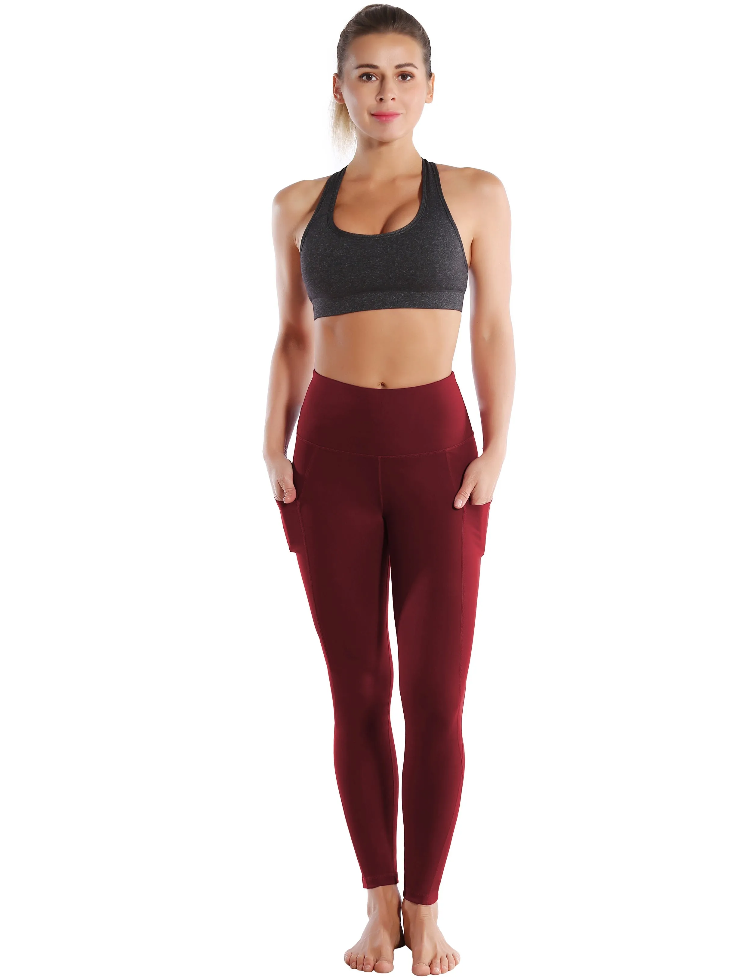High Waist Side Pockets Running Pants cherryred_Running