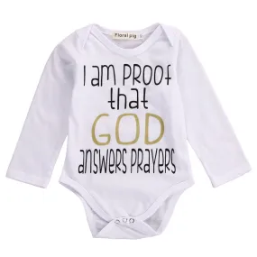 Infant New Born Baby Boys Girls Romper 'I Am Proof That God Answers Prayers' Long Sleeve Cotton Clothes