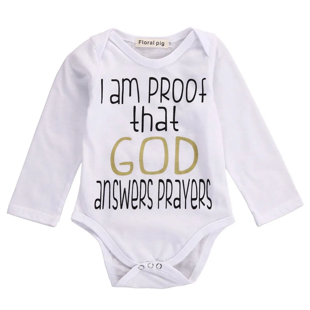Infant New Born Baby Boys Girls Romper 'I Am Proof That God Answers Prayers' Long Sleeve Cotton Clothes