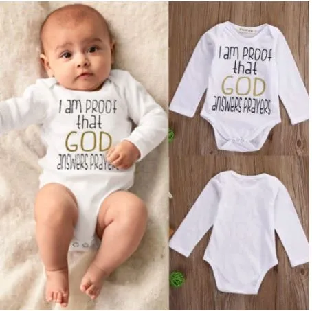 Infant New Born Baby Boys Girls Romper 'I Am Proof That God Answers Prayers' Long Sleeve Cotton Clothes