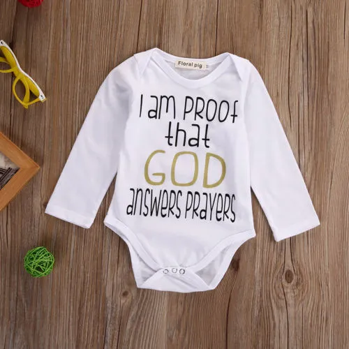 Infant New Born Baby Boys Girls Romper 'I Am Proof That God Answers Prayers' Long Sleeve Cotton Clothes