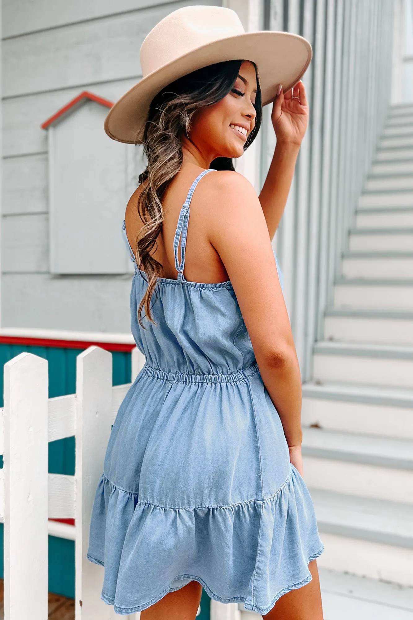 Just Hanging Out Chambray Drawstring Waist Romper (Chambray)