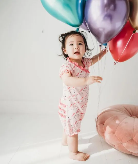 KicKee Pants Print Ruffle Romper in Cake Pop Prancing Unicorns