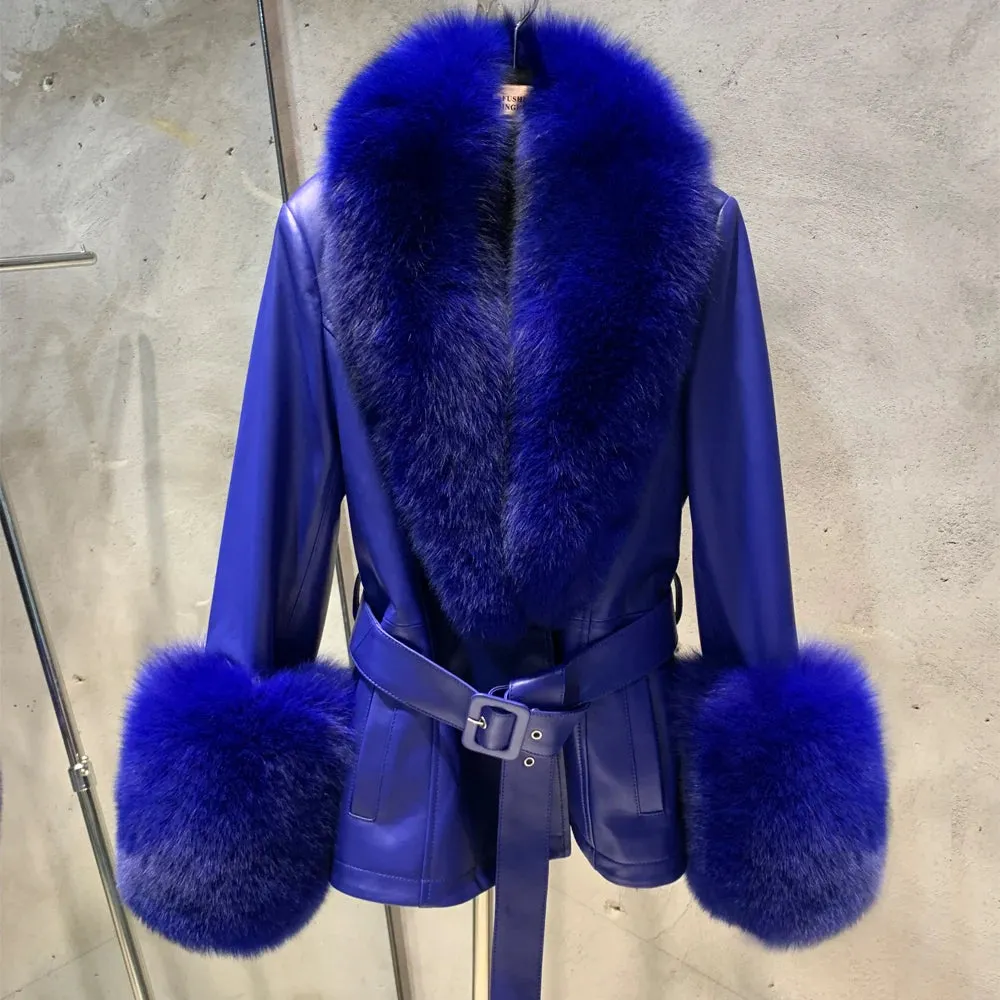 Lambskin Leather Coat with Fox Fur Collar & Cuffs