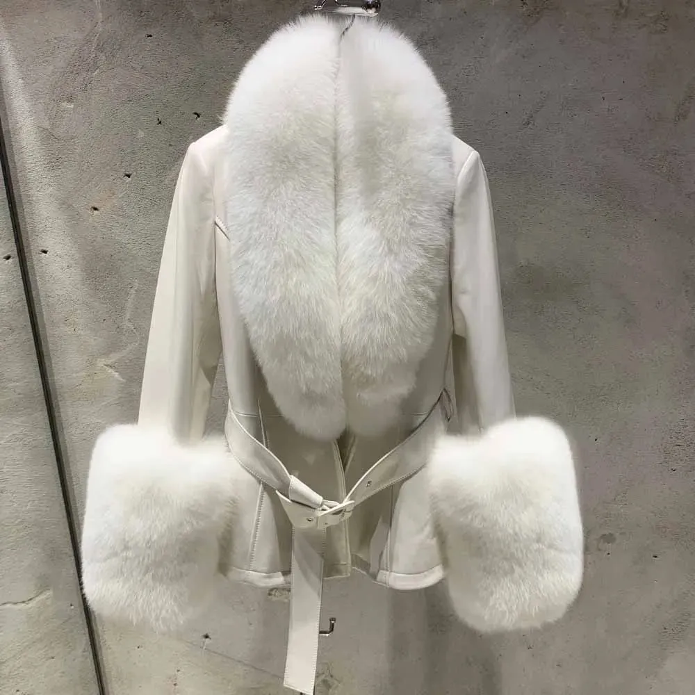 Lambskin Leather Coat with Fox Fur Collar & Cuffs